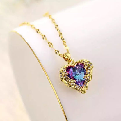 Crystal Heart Amethyst Zircon Stainless Steel Necklace