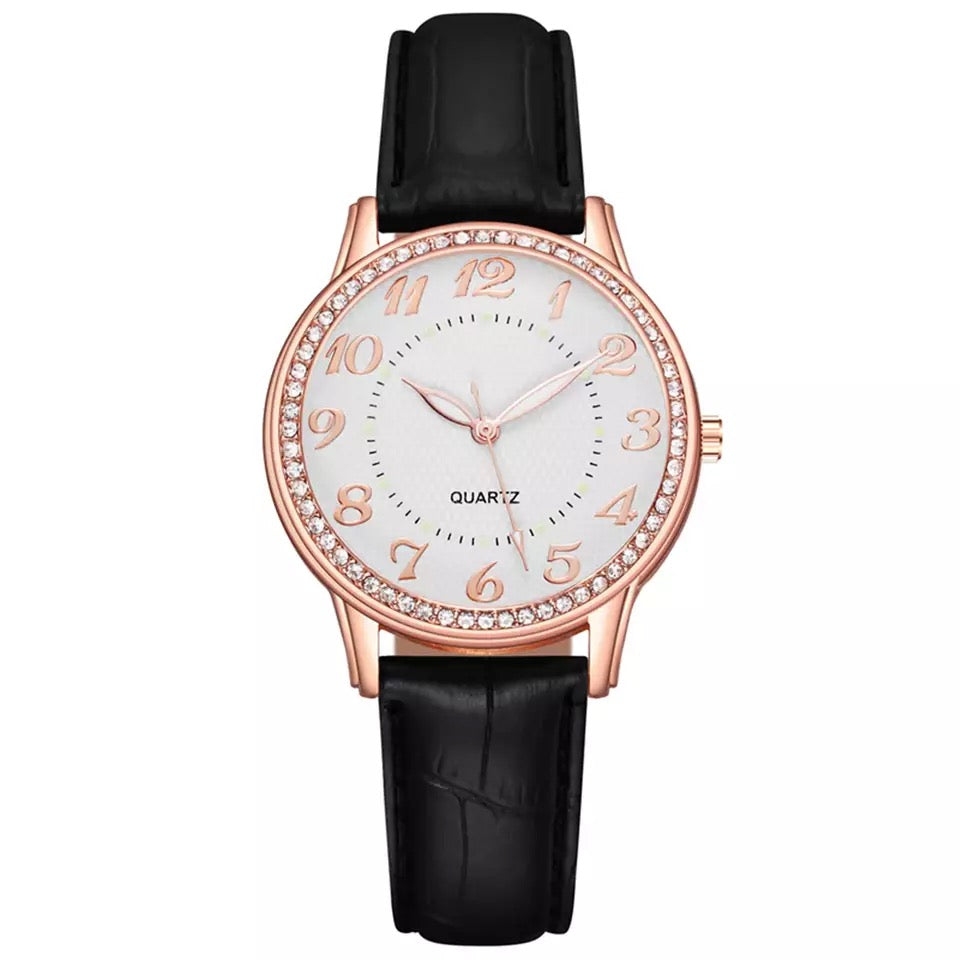 Crystal Leather Band Quartz Stainless Steel Watch for Women