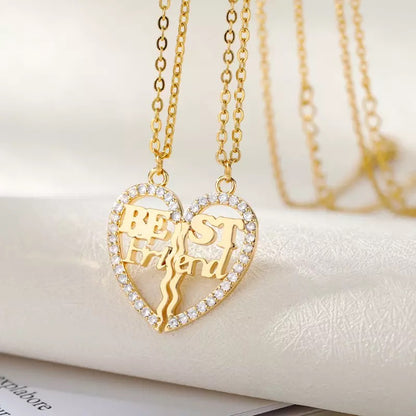 Zircon Spliced Love Heart Best Friends Stainless Steel Necklace Set