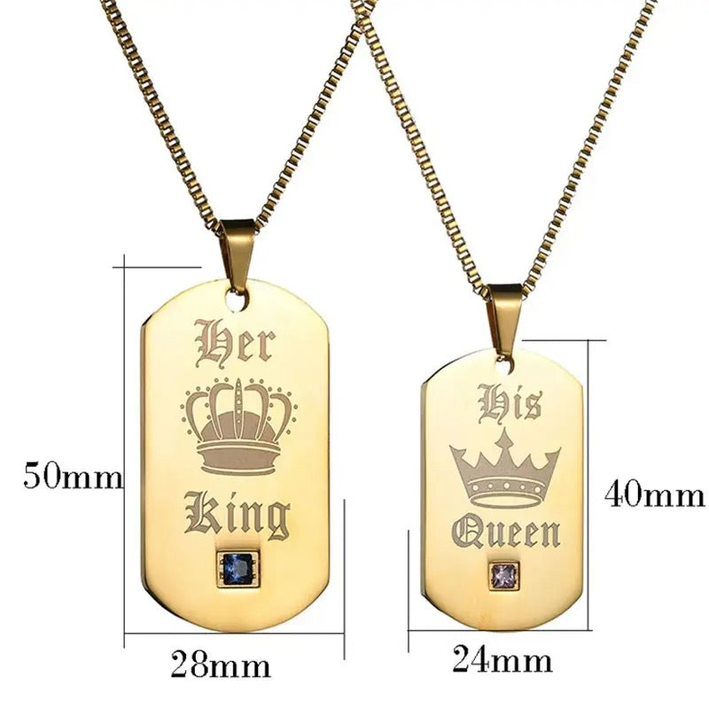 His Queen Her King Gold Dog Tag Couples Necklace Set