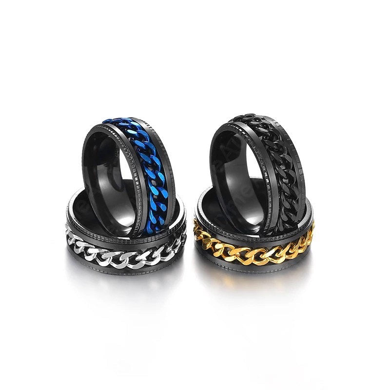 Black with Gold Chain Spinner Stainless Steel Ring