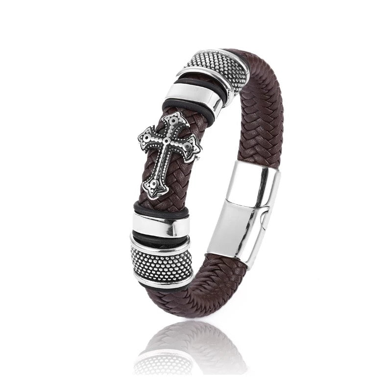 Brown Cross Leather Braided Cuff Bracelet (#BCLBCB2022)