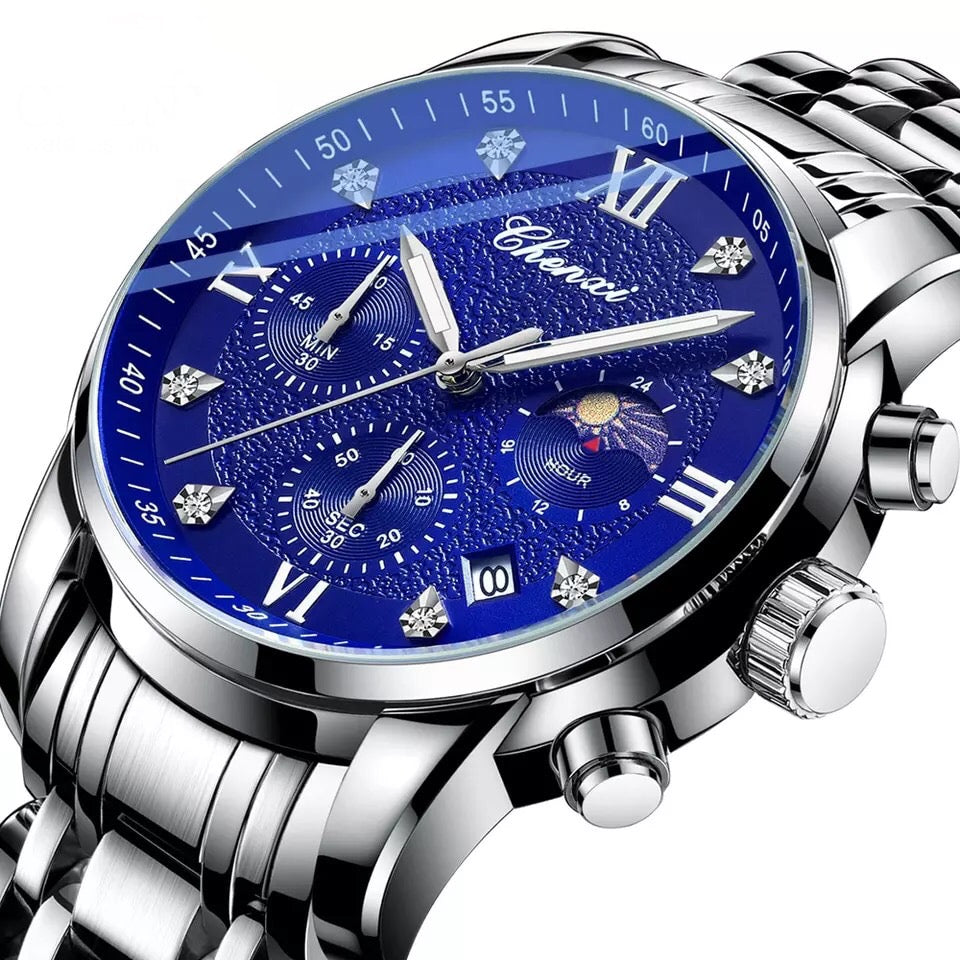 CHENXI Silver & Blue Luxury Sports Stainless Steel Watch for Men