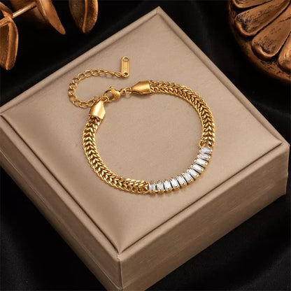 Zircon Crystal Charm Thick Chain Stainless Steel Bracelet