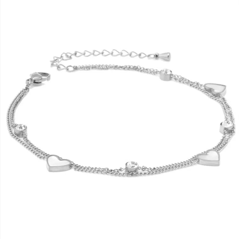 Zircon Love Hearts Double Layer Stainless Steel Anklet