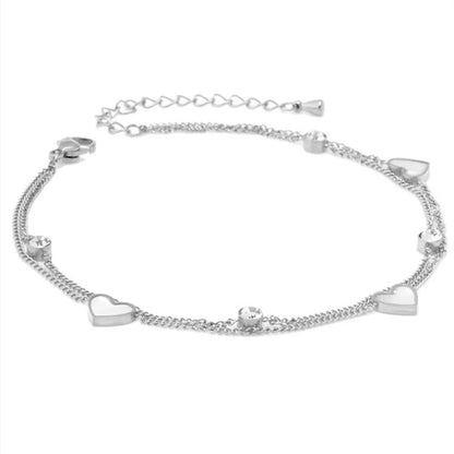 Zircon Love Hearts Double Layer Stainless Steel Anklet