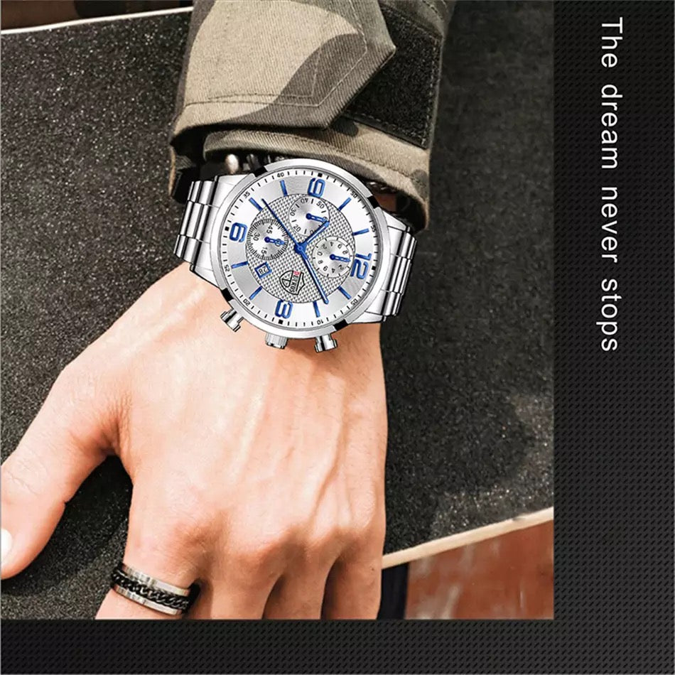 DIJANES Silver Luminous Clock Stainless Steel Watch for Men