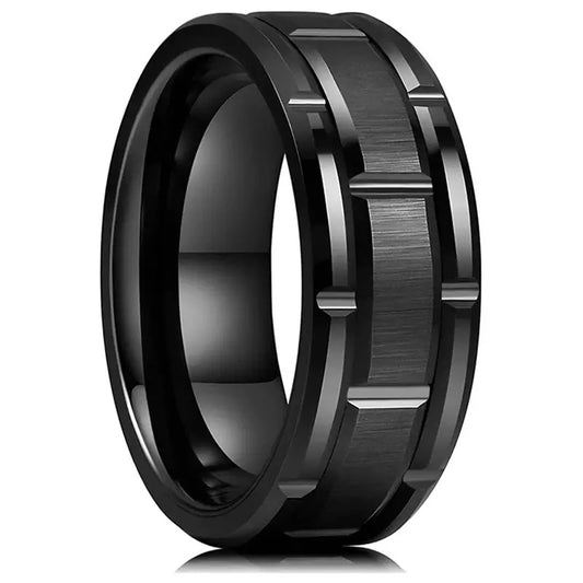 Black Brick Patterned Groove Stainless Steel Ring