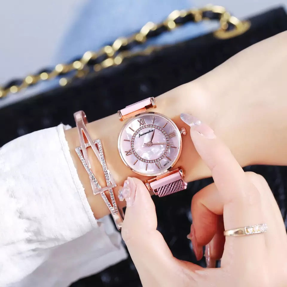 Rhinestone Marble Dial Stainless Steel Watch for Women