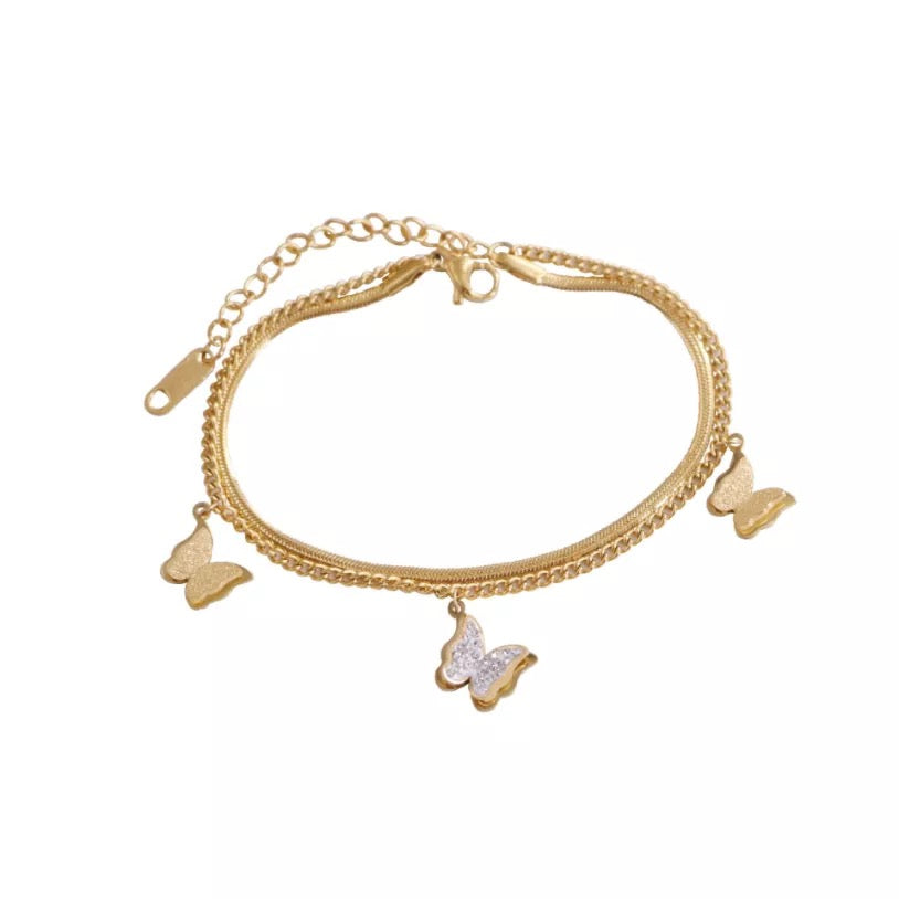 Zircon Butterfly Snake Bone Double Layer Stainless Steel Anklet