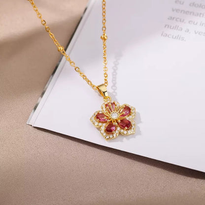 Pink Zircon Flower Stainless Steel Necklace