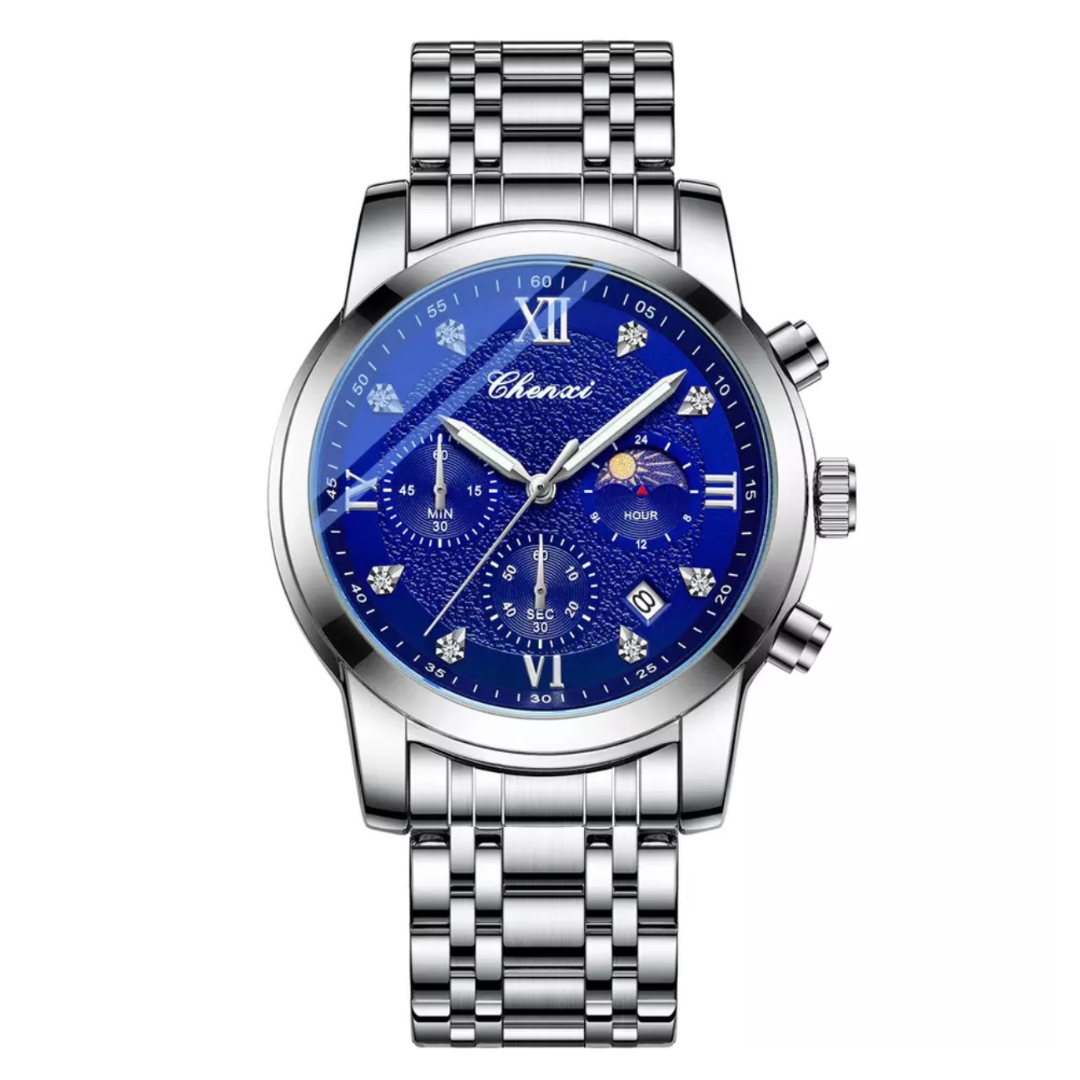 CHENXI Silver & Blue Luxury Sports Stainless Steel Watch for Men