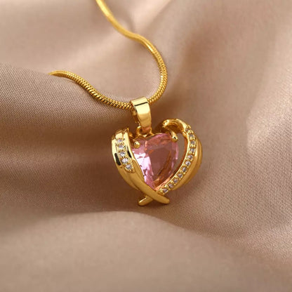 Pink Crystal Heart Stainless Steel Necklace