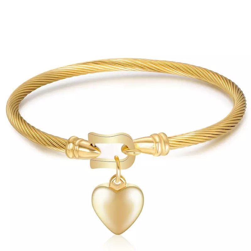 Gold Buckle Heart Charm Stainless Steel Bangle Bracelet