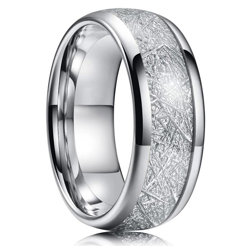 Silver Meteorite Stone Patterned Inlaid Stainless Steel Ring