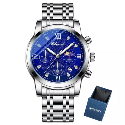 CHENXI Silver & Blue Luxury Sports Stainless Steel Watch for Men