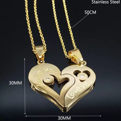 Gold Spliced Heart Couples Stainless Steel Necklace Set