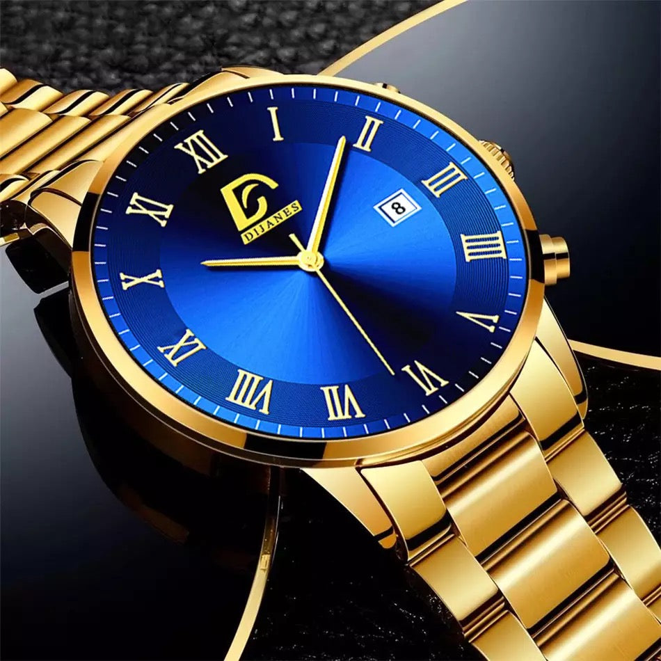 DIJANES Gold & Blue Sports Stainless Steel Watch for Men