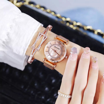 Rhinestone Marble Dial Stainless Steel Watch for Women