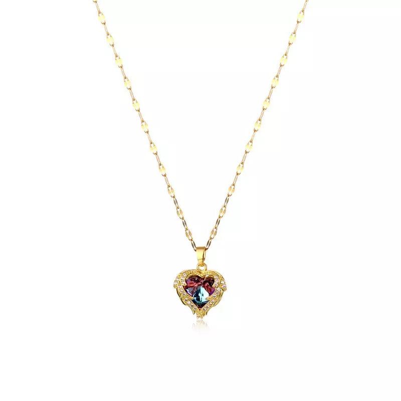 Crystal Heart Amethyst Zircon Stainless Steel Necklace