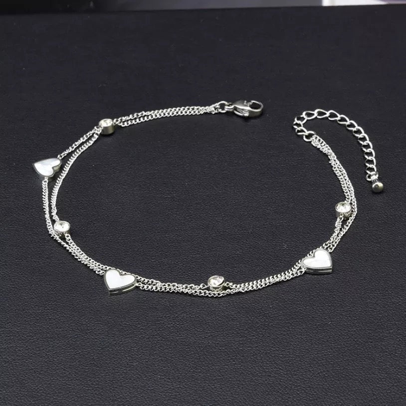 Zircon Love Hearts Double Layer Stainless Steel Anklet