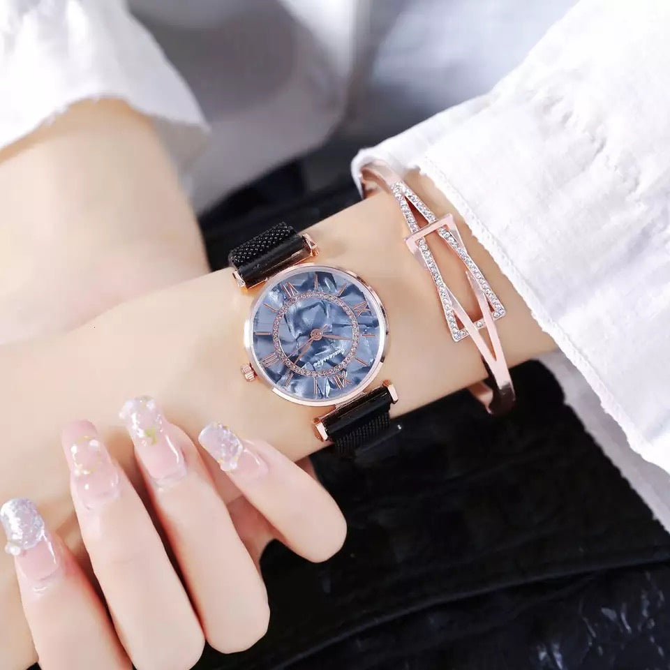 Rhinestone Marble Dial Stainless Steel Watch for Women