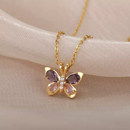 Purple Zircon Butterfly Stainless Steel Necklace