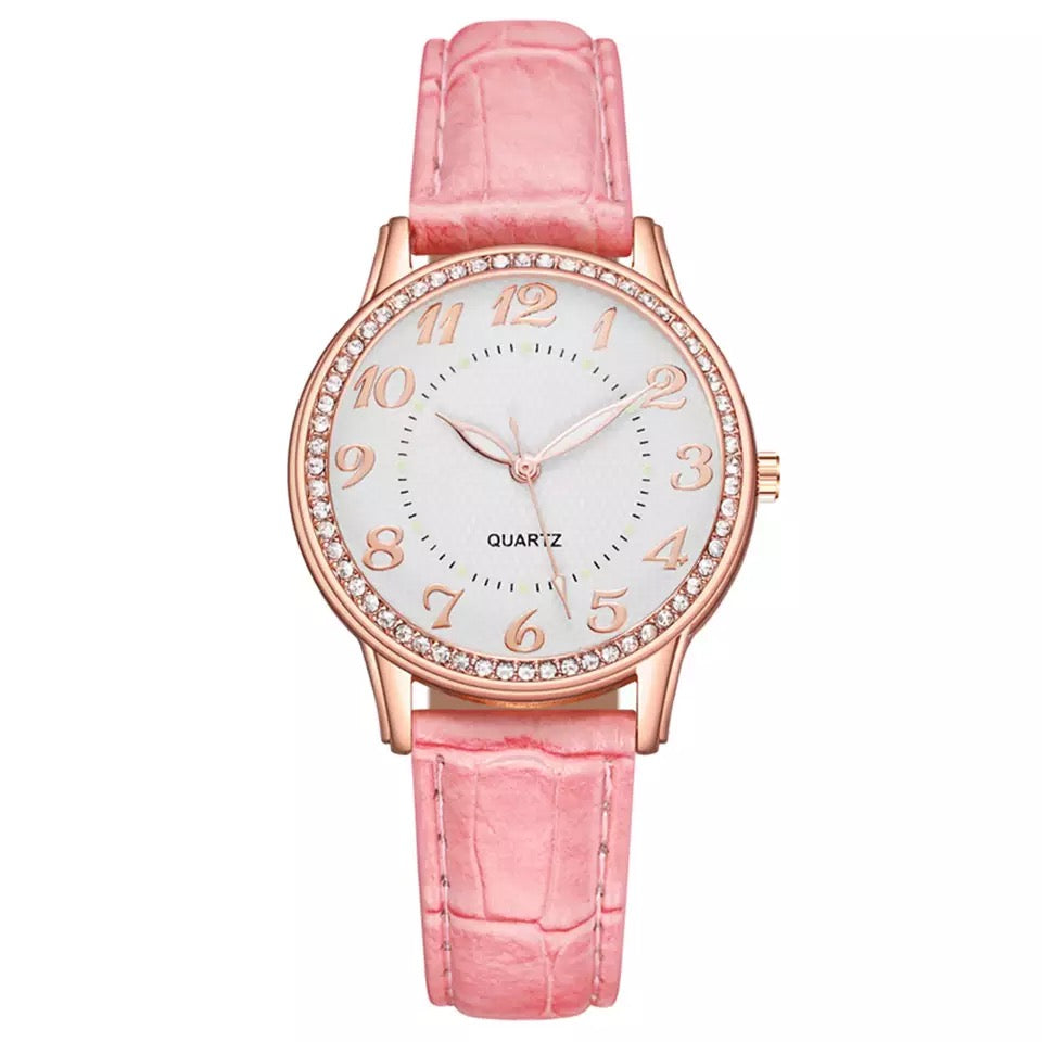 Crystal Leather Band Quartz Stainless Steel Watch for Women