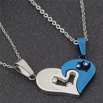 Silver & Blue Spliced Heart Couples Stainless Steel Necklace Set