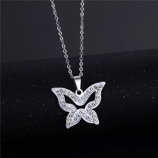 Butterfly Silver Rhinestone Stainless Steel Necklace Style 3