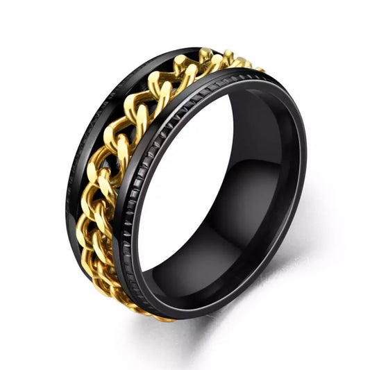 Black with Gold Chain Spinner Stainless Steel Ring