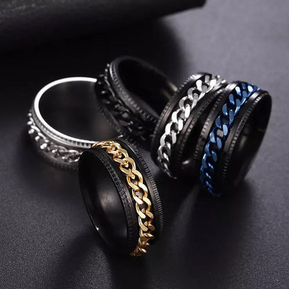 Black with Silver Chain Spinner Stainless Steel Ring