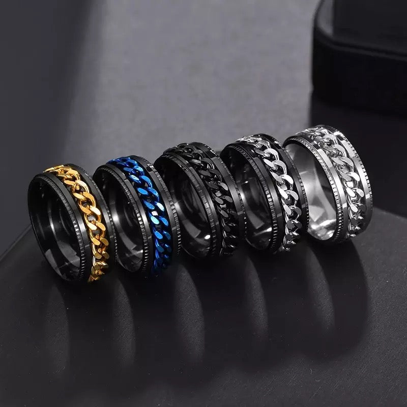 Black with Silver Chain Spinner Stainless Steel Ring