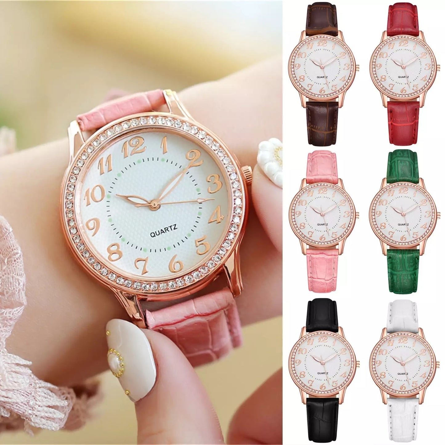 Crystal Leather Band Quartz Stainless Steel Watch for Women