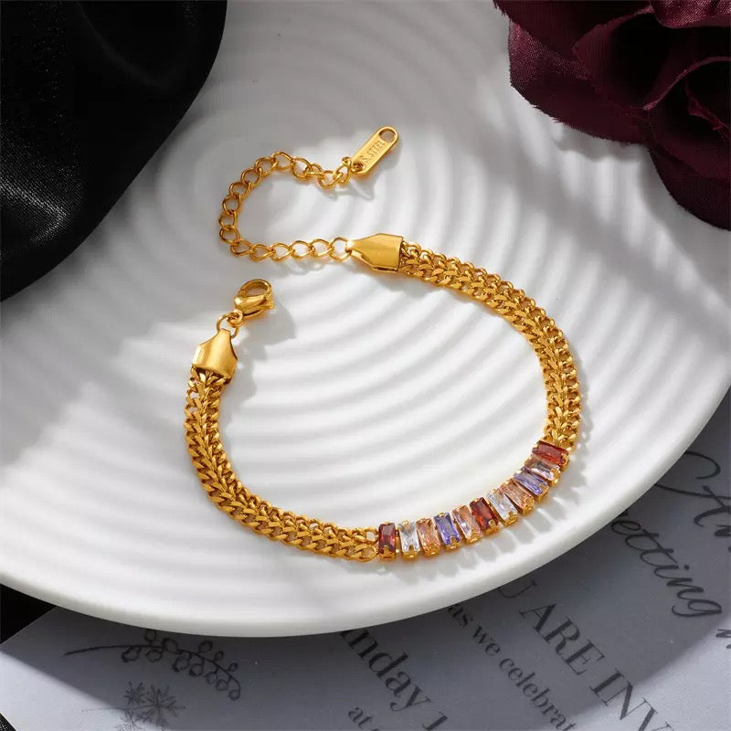 Zircon Colorful Crystal Charm Thick Chain Stainless Steel Bracelet