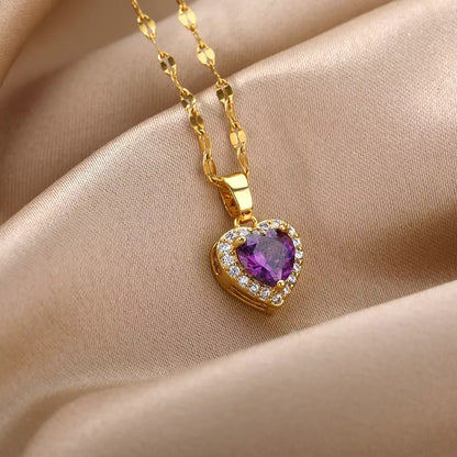 Purple Heart Cubic Zirconia Stainless Steel Necklace