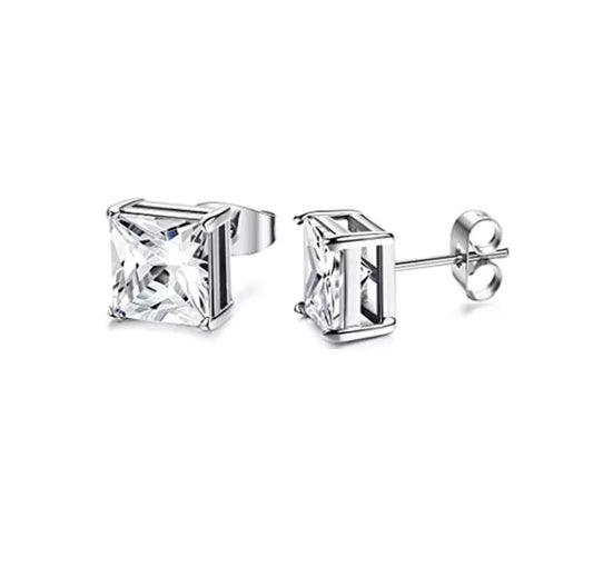 Unisex 6MM Silver Square Inlaid Stud Stainless Steel Earrings