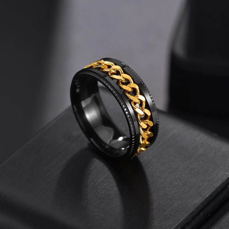 Black with Gold Chain Spinner Stainless Steel Ring