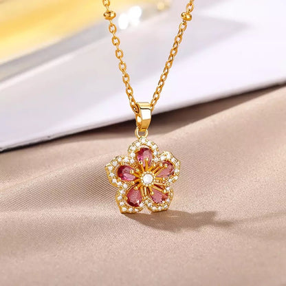 Pink Zircon Flower Stainless Steel Necklace