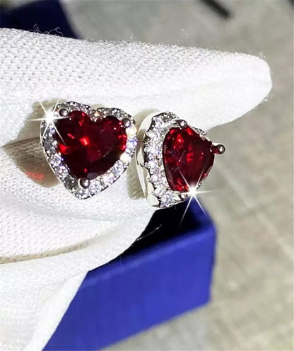 Red Heart Stud Cubic Zirconia 925 Sterling Silver Earrings