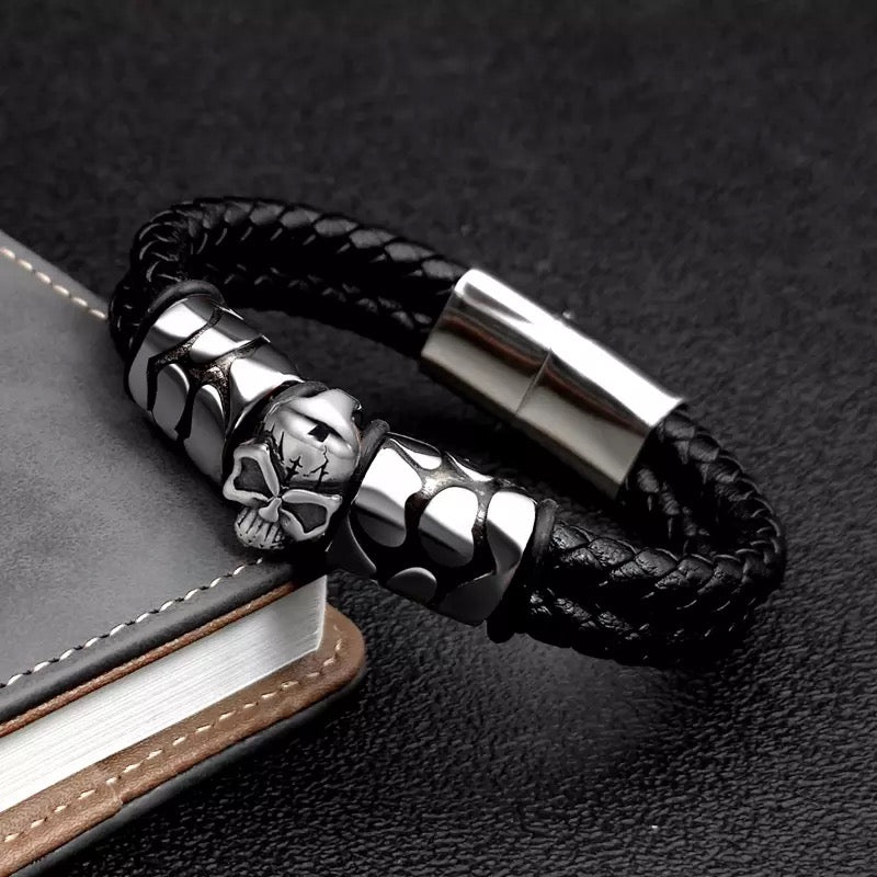 Bohemian Skull Stainless Steel Braided Leather Bracelet