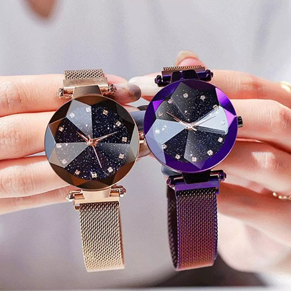 Purple Magnetic Galaxy Quartz Stainless Steel Watch for Women