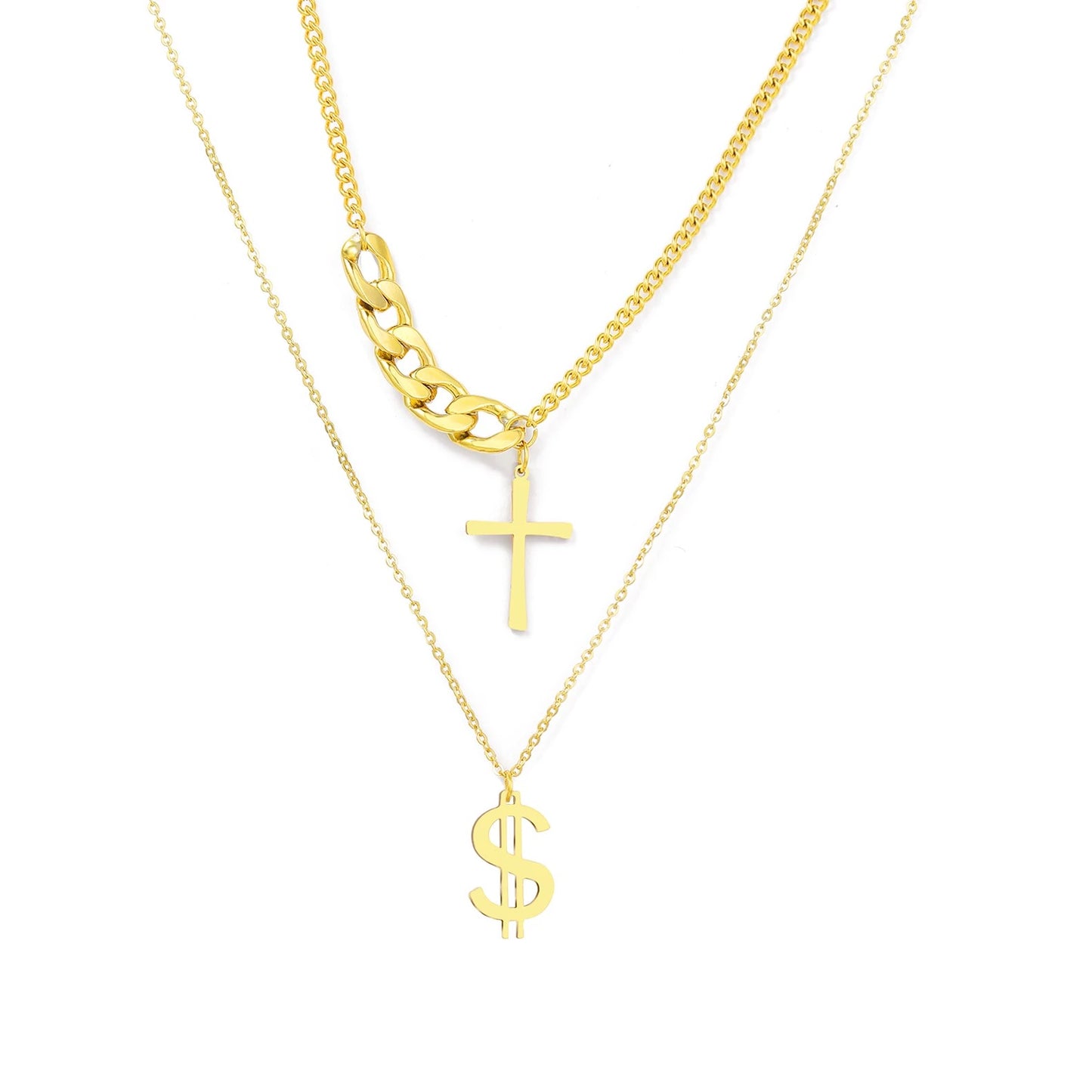 Vintage Money-Cross Gold Double Layer Stainless Steel Necklace