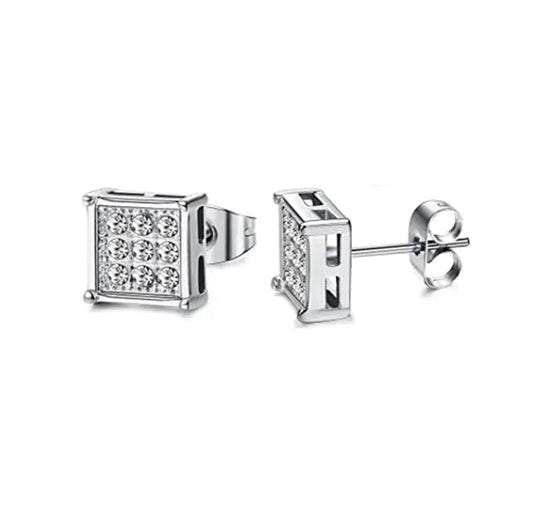Unisex Silver Square Stud Cubic Zirconia Stainless Steel Earrings
