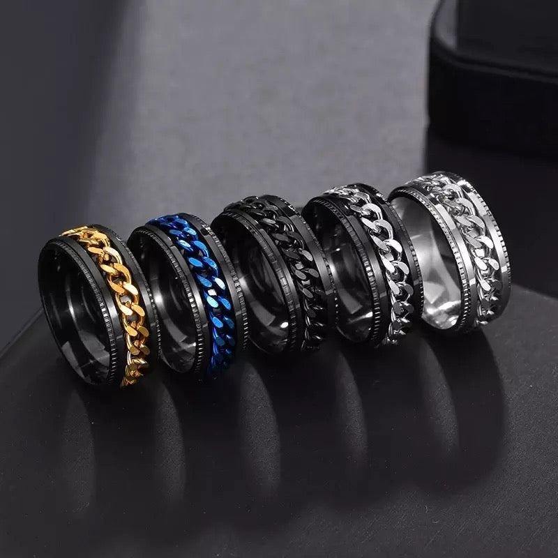 Black with Blue Chain Spinner Stainless Steel Ring