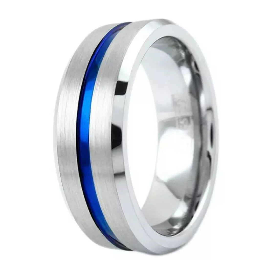 Silver & Blue Beveled Edge Brushed Stainless Steel Ring