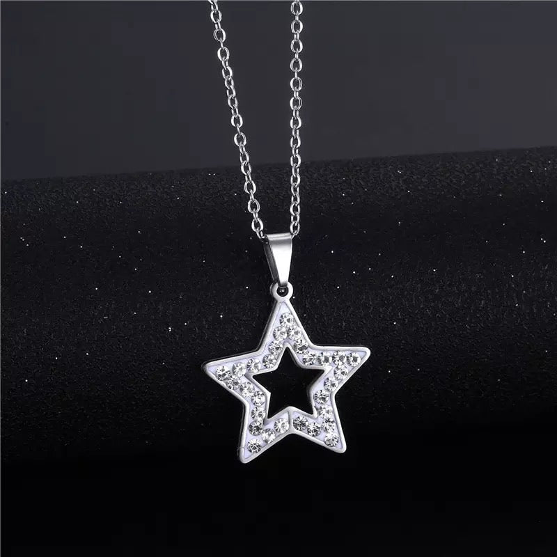 Star Silver Rhinestone Stainless Steel Necklace