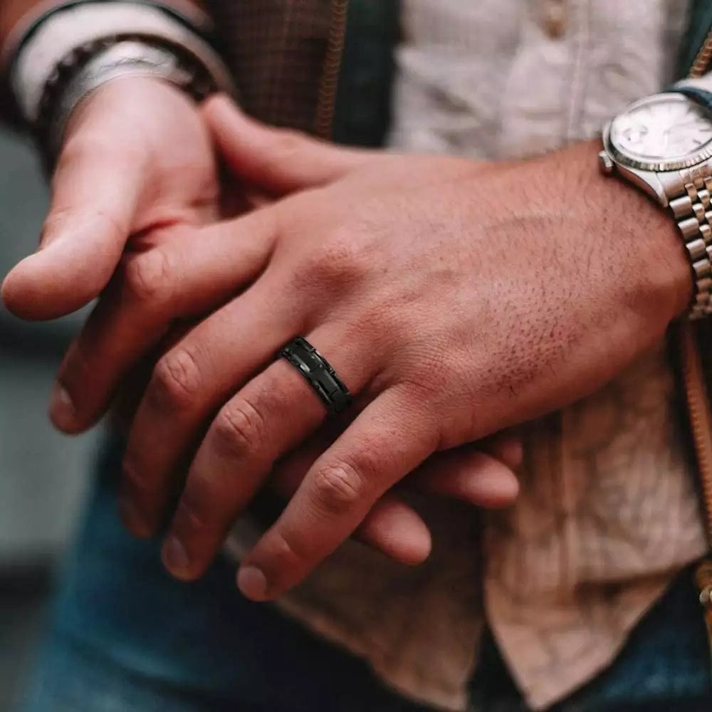 Black Brick Patterned Groove Stainless Steel Ring