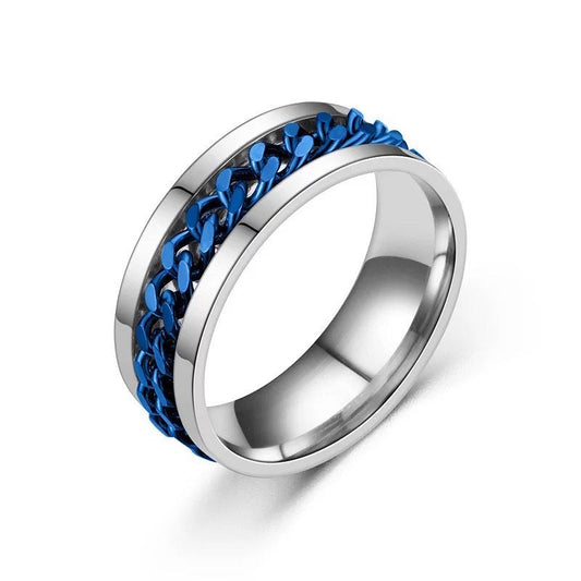 Silver with Blue Chain Spinner Stainless Steel Ring