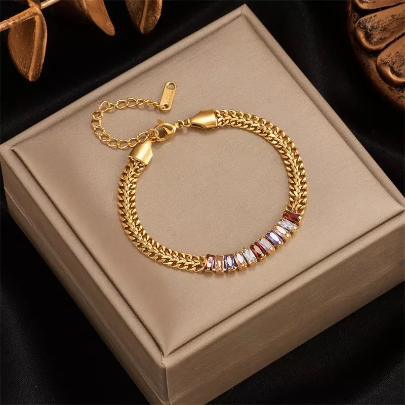 Zircon Colorful Crystal Charm Thick Chain Stainless Steel Bracelet